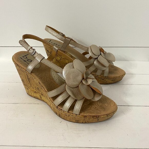 Boc Born Concepts Champagne Metallic Leather Flower Cork Wedge Sandals, Size 11 - Picture 3 of 14